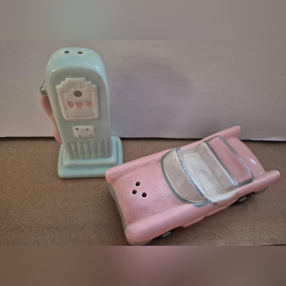 Craft Pink and White Toy Car with Gas Pump Salt and Pepper - Picture 2 of 9